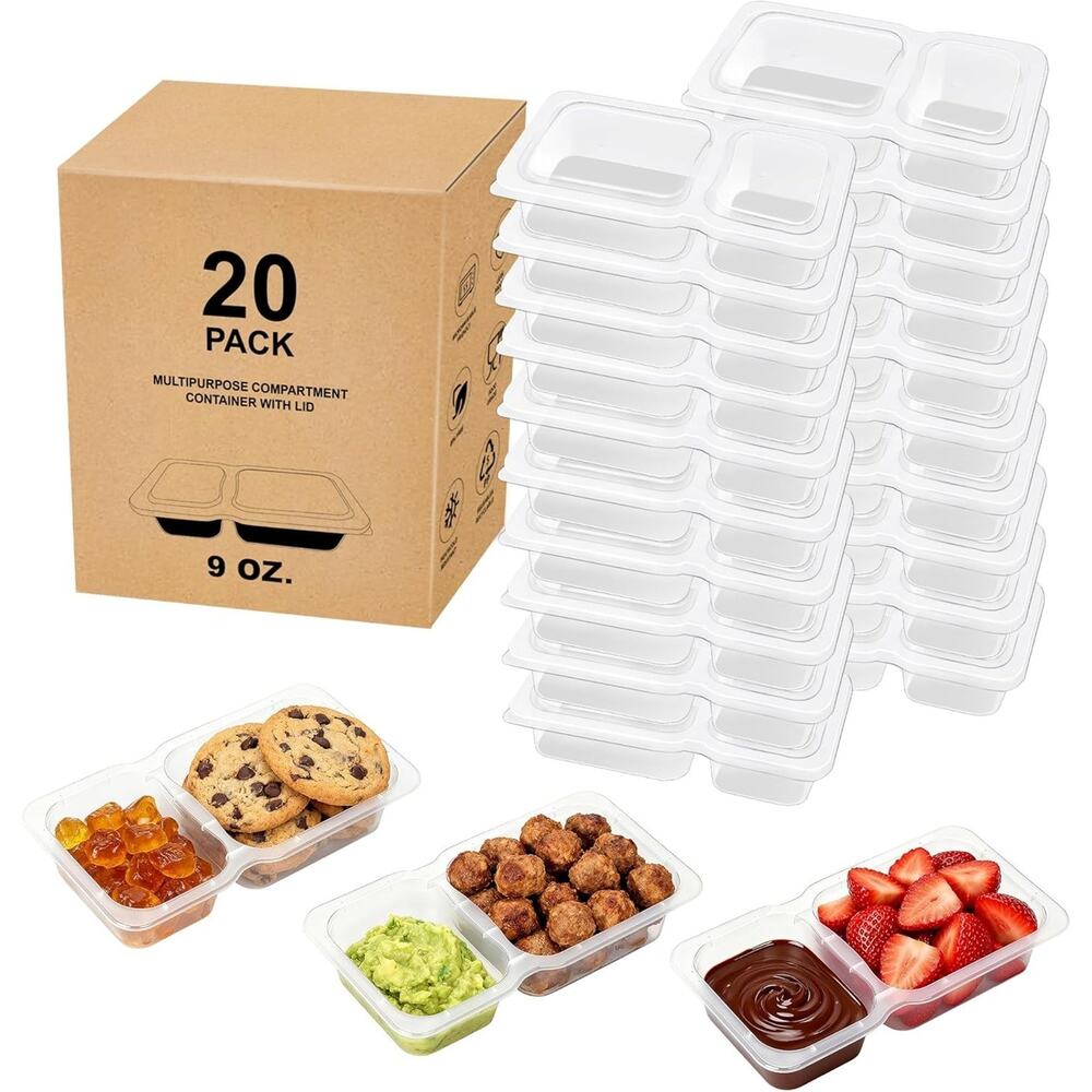 Clear Plastic 2-Compartment Food Containers - 20 Pack